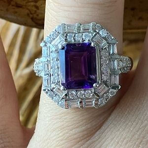 African Amethyst Moissanite Sterling Silver Art Deco Ring Size 6